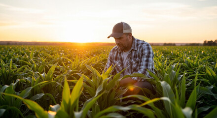 Farmer inspecting corn crop at sunset conveys dedication and care for sustainable agriculture practices