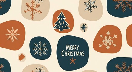 Festive Christmas Pattern with Snowflakes and Tree Elements in Warm Colors
