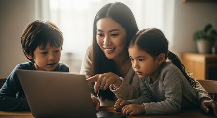 Joyful mother teaches children online using laptop at home, fostering learning and connection