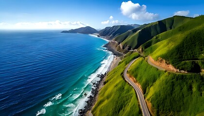Scenic coastal highway winding through lush hills