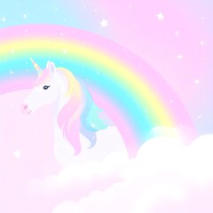 Naklejka premium Pastel unicorn under rainbow in clouds