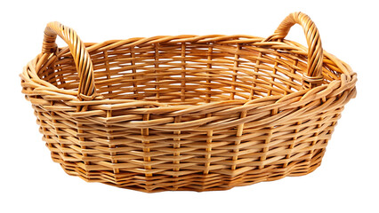 Wicker basket with handles on white background isolated on a transparent background