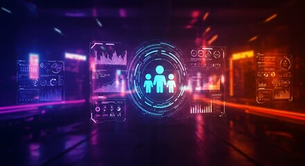 Futuristic Digital Interface with People Icon and Data Visualizations