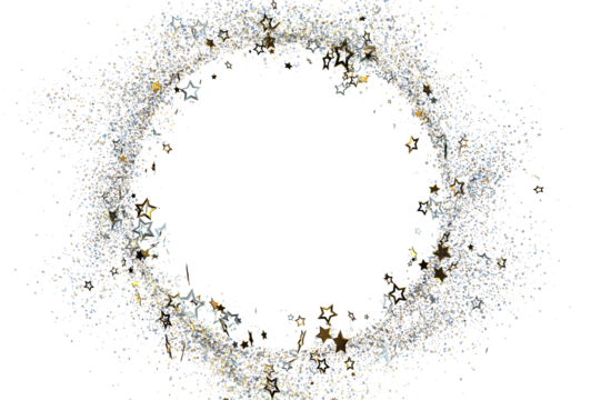 Sparkling gold and silver glitter stars forming a circular frame on white background. Perfect for festive designs, invitations, and celebrations.