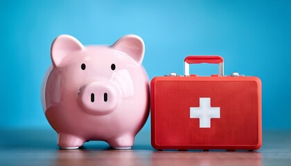 a piggy bank paired with a red medical kit on a blue background illustrates the importance of financial planning and health insurance due to escalating healthcare expenses and medical debt