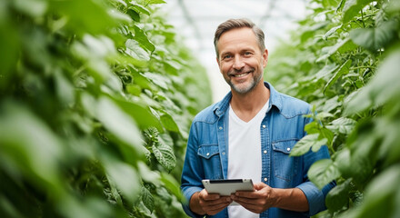 Confident farmer using tablet for modern agriculture in lush greenhouse setting