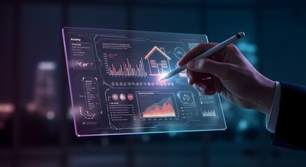Futuristic digital tablet displaying financial charts and data with a hand holding a stylus