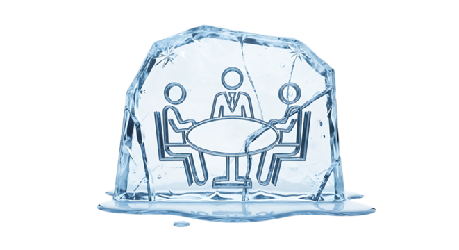 Three business people in a meeting are frozen inside a block of ice, symbolizing a stalled project or a frozen negotiation, isolated transparent