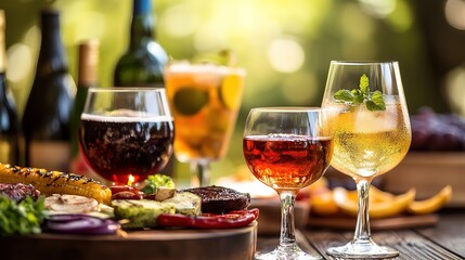 Naklejka premium A vibrant display of assorted drinks and snacks, showcasing colorful beverages and delicious appetizers in a sunny outdoor setting.