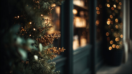 festive holiday storefront with glowing garlands, golden lights, and berries against softly blurred background in warm cozy christmas composition