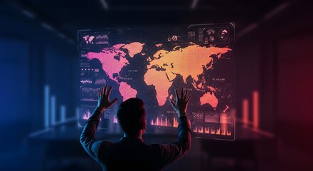 Futuristic Global Data Analysis: Businessman Interacting with Interactive World Map and Financial Charts