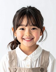 白い背景で幸せそうに笑う10歳くらいの日本人の女の子のポートレート(子供・明るい笑顔),Portrait of a happy smiling Japanese girl around 10 years old against a white background (child, bright smile)