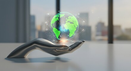 Futuristic Global Sustainability Concept: Digital Earth in Caring Hands with Recycling Symbol