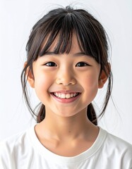 Fototapeta premium 白い背景で幸せそうに笑う10歳くらいの日本人の女の子のポートレート（子供・明るい笑顔）,Portrait of a happy smiling Japanese girl around 10 years old against a white background (child, bright smile)