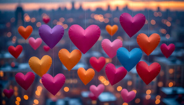 Multiple colorful paper hearts hang in the air against a blurred city skyline and illuminated buildings.