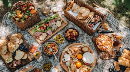 A beautifully arranged picnic spread featuring various breads, meats, salads, and fruits, set on a blanket under trees, perfect for outdoor dining.