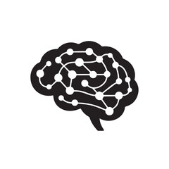 Black silhouette of a human brain with connected nodes pattern, isolated on white background technology background
