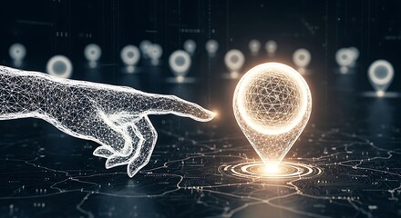Digital hand reaching for glowing holographic location pin on futuristic map interface