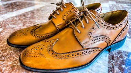 Luxury leather shoes on marble, highlighting elegant craftsmanship in a side view composition.