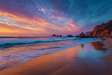 sunset coastal landscape with vibrant sky reflections over sandy beach and jagged rock formations in a serene natural composition