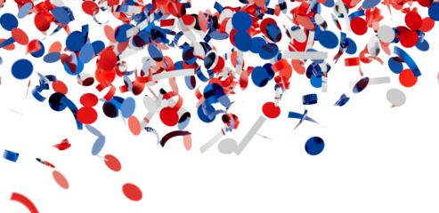 Falling confetti, red, white, and blue circles and ribbons. Perfect for party invitations, celebrations, and festive designs.