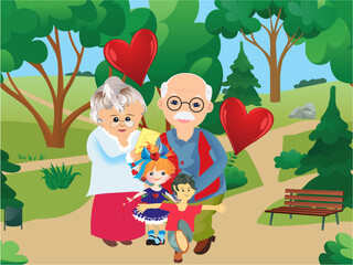 composition with grandmother and grandfather and grandchildren standing in the park
