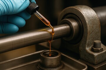 Close-up of gloved hand using dropper to apply lubrication oil onto rotating shaft bearing, industrial machinery maintenance process