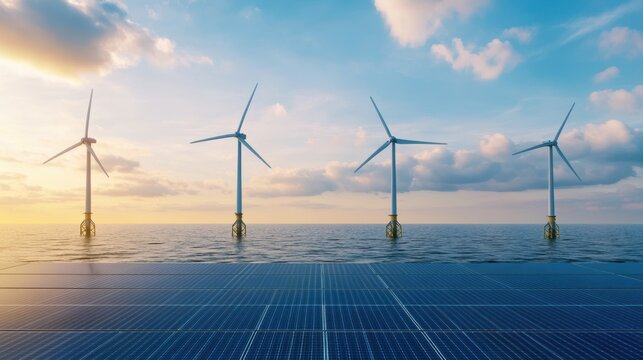 Offshore Wind Turbines with Floating Solar Panels at Sunset Hybrid Renewable Energy. - Powered by Adobe