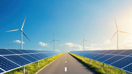 Eco Road with Solar Panels and Wind Turbines Sustainable Energy Highway.