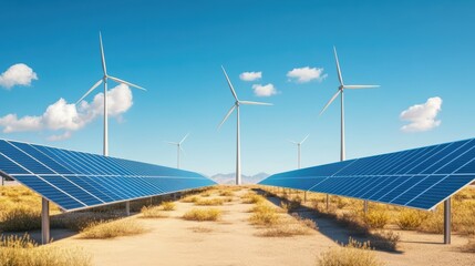 Solar Panels and Wind Turbines in Desert Hybrid Renewable Energy Landscape.