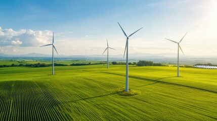 Wind Turbines in Green Field Generating Renewable Energy.