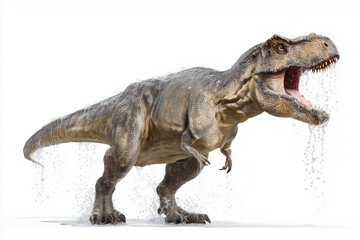 Obraz premium Mighty T-Rex roaring with water droplets splashing around in a dramatic pose, capturing the essence of a prehistoric creature in dynamic motion