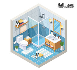 Bathroom interior isometric view with bath shower cabine cubicle toilet sink units towel holders accessories vector illustration.