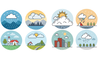 Wetter & Landschaft Icons – Sonne, Regen, Wolken, Häuser & Natur Symbole