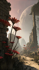 Surreal Landscape with Red Flowers, Ancient Ruins, and Celestial Bodies Under Ethereal Light