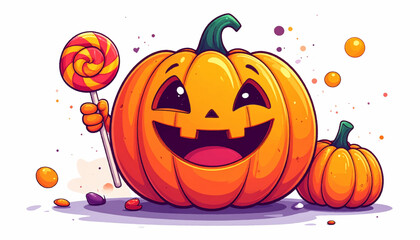 A cute cartoon Jack-o'-lantern with a smiling face holds a colorful swirl lollipop, a cheerful and festive Halloween illustration isolated on a white background