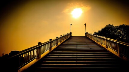 Fototapeta premium steps. Stone steps leading toward a glowing sunset, capturing a dramatic and serene natural moment. inspiring travel planning, travel magazines, designed for outdoor magazines and nature guides.