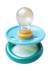 Blue and teal pacifier with yellow ring handle isolated on a transparent background