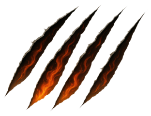 Four Jagged Claw Marks with Fiery Orange Glow on Transparent Background scratches ripped isolated on a transparent background