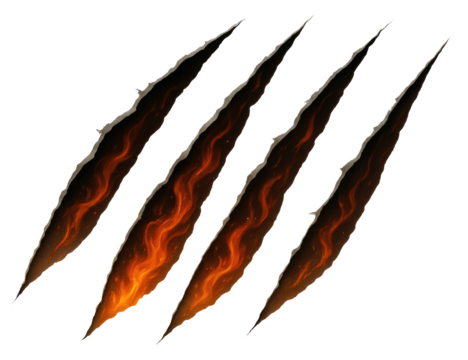 Four Jagged Claw Marks with Fiery Orange Glow on Transparent Background scratches ripped isolated on a transparent background
