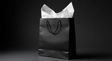 Mockup a black shopping bag with white tissue paper peeking out, against a dark background for commercial usage