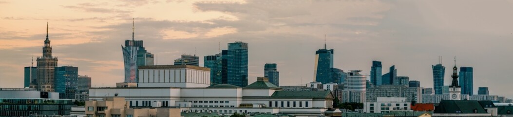 Warsaw panorama. View of modern skyscrapers in a modern city. The capital of Poland. Warsaw skyline. Office buildings in the business zone. Modern glass office buildings.