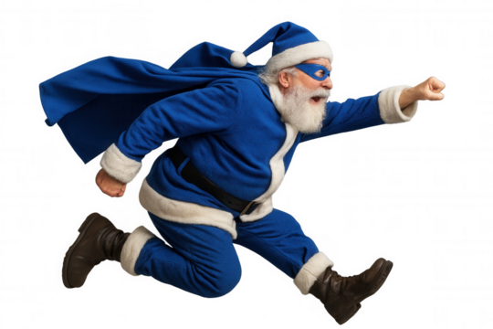 Blue santa claus superhero flying fast for christmas delivery, a powerful comic character on transparent background - Powered by Adobe