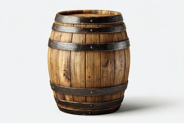 Fototapeta premium Wooden Barrel with Metal Bands on White Background