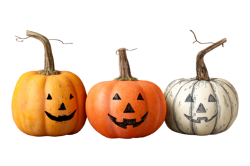 Three cheerful carved pumpkins on display