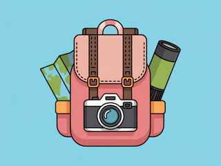 Colorful travel backpack with camera and map, cute adventure and tourism gear illustration, summer vacation equipment, hiking and journey essentials isolated on pastel background