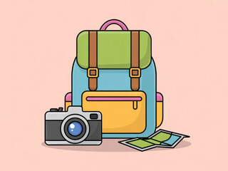 Colorful travel backpack with camera and map, cute adventure and tourism gear illustration, summer vacation equipment, hiking and journey essentials isolated on pastel background