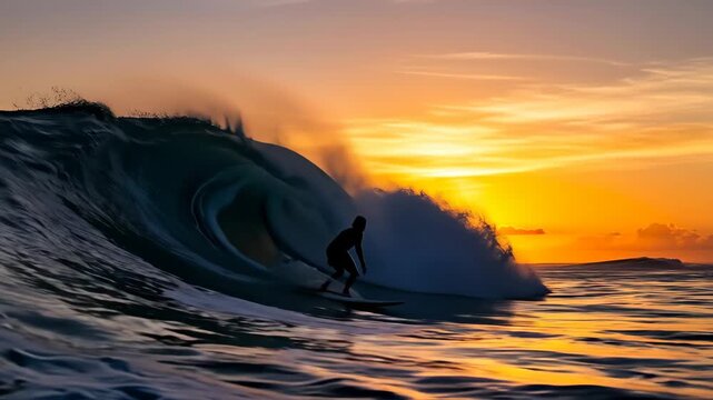 Surfer Silhouette at Sunset - A lone surfer rides a large wave as the sun sets, creating a dramatic silhouette against the vibrant orange and yellow sky.