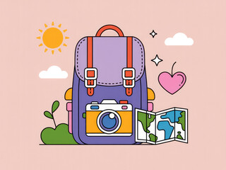 Colorful travel backpack with camera and map, cute adventure and tourism gear illustration, summer vacation equipment, hiking and journey essentials isolated on pastel background