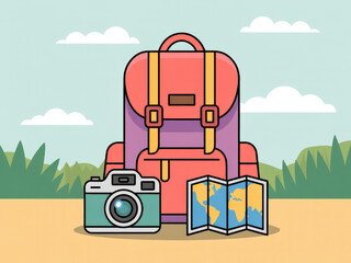 Colorful travel backpack with camera and map, cute adventure and tourism gear illustration, summer vacation equipment, hiking and journey essentials isolated on pastel background